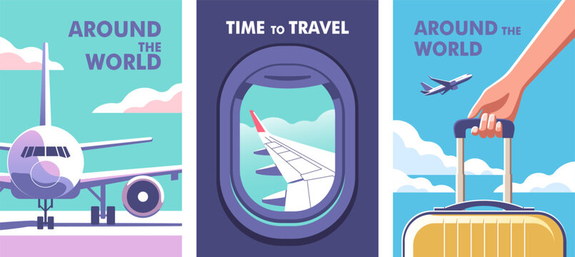 View through the porthole of aircraft. Passenger plane parked on the runway. Woman holding a suitcase in her hand close-up. Perfect vetor background on the theme of season vacation, weekend, travel.