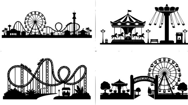 Amusement park views. Attractions park landscape silhouettes with ferris wheel and roller coaster. Entertainment park silhouette vector illustration set. Carousel and roller, swing coaster