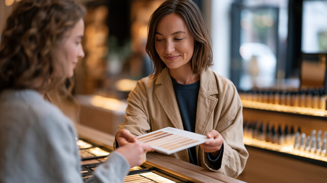 Beauty counter professional holding up an expansive foundation shade range display card across a wide cosmetics counter as an adult female customer examines undertones under