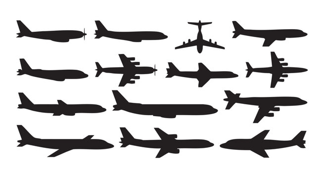 Commercial jet airplane silhouettes in various flight angles and side profiles for aviation design.