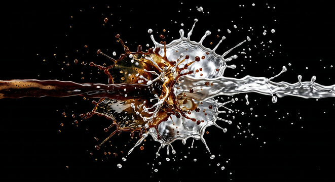 Dynamic liquid splash collision of coffee and water, dark espresso and clear water streams exploding on black background, high speed liquid motion photography