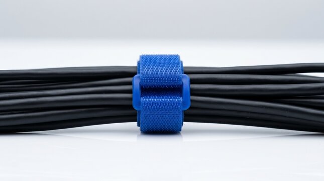 Black cables organized with blue cable tie on white background  