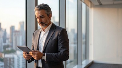 Fototapeta premium Smiling senior business man entrepreneur using digital tablet near window in executive office. Mature 50s Latin indian CEO businessman holding touchpad computer for online work, thinking at copy space