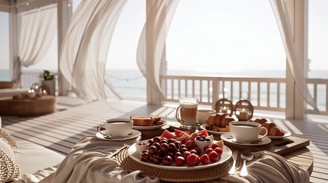 Elegant breakfast on a luxury terrace overlooking the sea, featuring fresh fruit, coffee and flowing linen fabrics moving in the ocean breeze. Mediterranean lifestyle scene with relaxing vacation