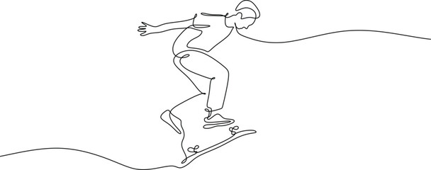 Continuous one line drawing of a young man riding a skateboard performing a cool trick with artistic minimalist black strokes © Raihan