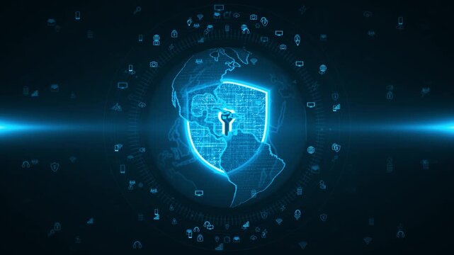 Digital cyber security concept with a glowing shield and padlock icon over a global network connection map