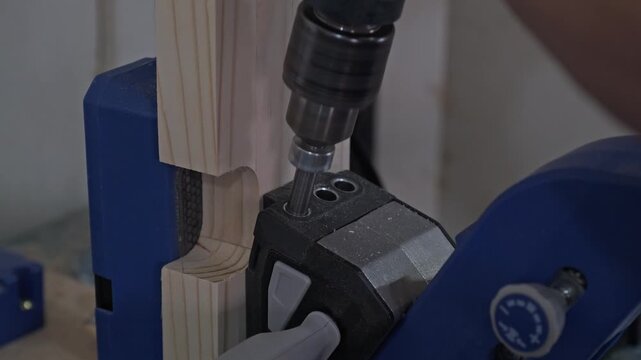 Drilling holes in a piece of timber with a jig