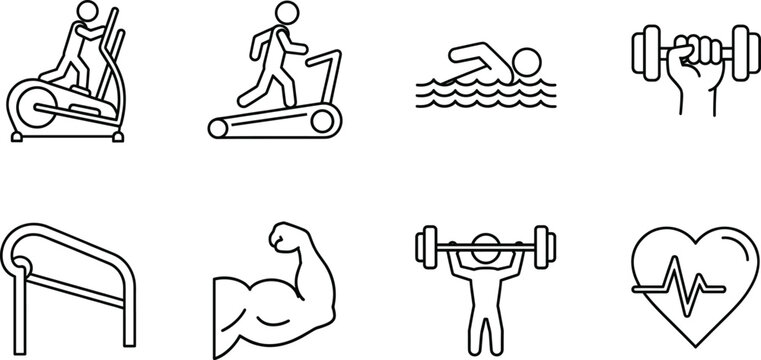 Fitness and exercise icon set featuring elliptical, treadmill, swimming, dumbbells, barbell, heart rate, and muscle flex for health design