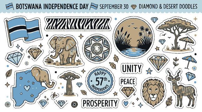 Botswana independence day sticker set with desert animals