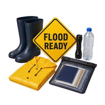 Flood ready sign with boots documents flashlight and rain gear