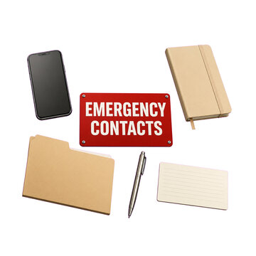 Emergency contacts planning objects with phone notebook folder and pen