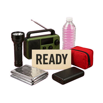 Ready emergency preparedness supplies with radio flashlight and water