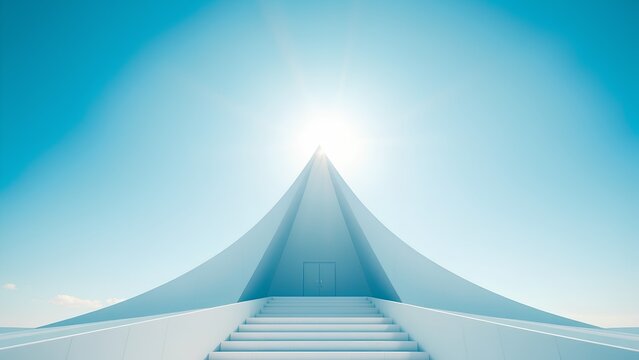 Staircase leading toward a bright glowing apex serves as a minimalist conceptual structure under clear blue skies.