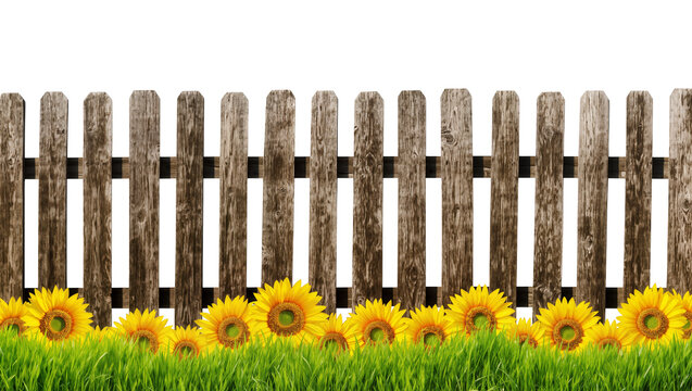 Isolated rustic wooden picket fence with vibrant green grass and bright yellow sunflowers