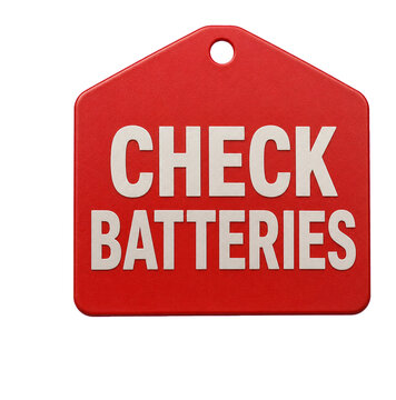 Check batteries red reminder tag isolated on transparent background