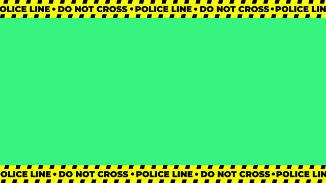 Yellow black striped police caution tape bordering vibrant green screen rectangular overlay background, suitable for safety themed designs or crime related concepts.
