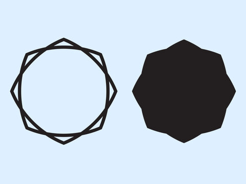Abstract minimalist geometric shapes set featuring an elegant decagonal frame outline and a modern solid black polygon design element.