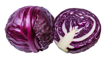 Fototapeta premium Isolated raw whole and precisely cut purple cabbage revealing beautiful organic structure.