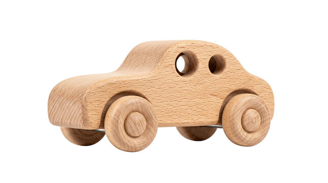 Minimalist handcrafted wooden toy car with rounded edges, isolated on a transparent background. Perfect for kids play.