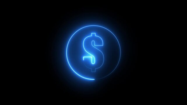 A circle leon line in site DOLLAR sign animation on the black background Glowing Neon Dollar Sign Icon. business animation background with neon circle 4k video...