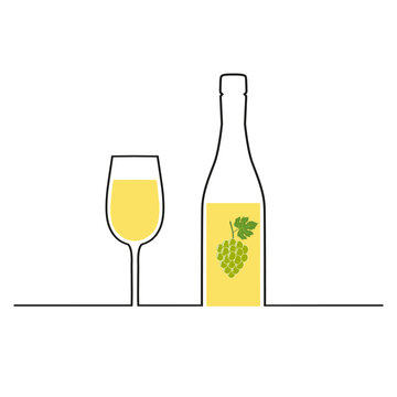 Linear illustration of a bottle of white wine with a glass on a white background