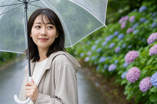 透明傘の下で雨の紫陽花を見る女性