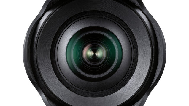 Isolated view of a sophisticated photographic lens showing reflective glass and metallic rings