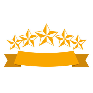 Illustration of a five star rating with a yellow banner for text on a white background