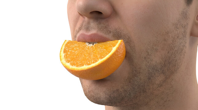 Close-up of a man's mouth taking a bite out of a juicy slice of orange