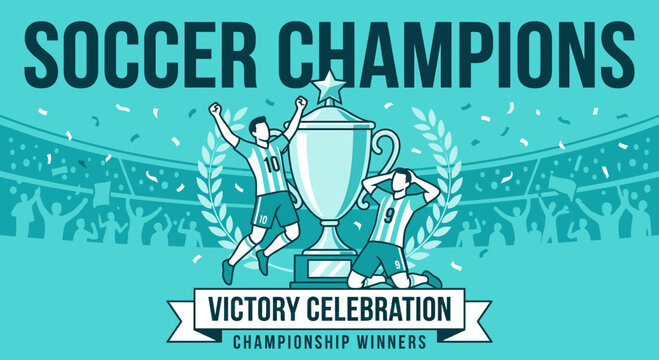 Soccer Champions Celebrate Victory With Large Trophy Amidst Confetti and Cheers