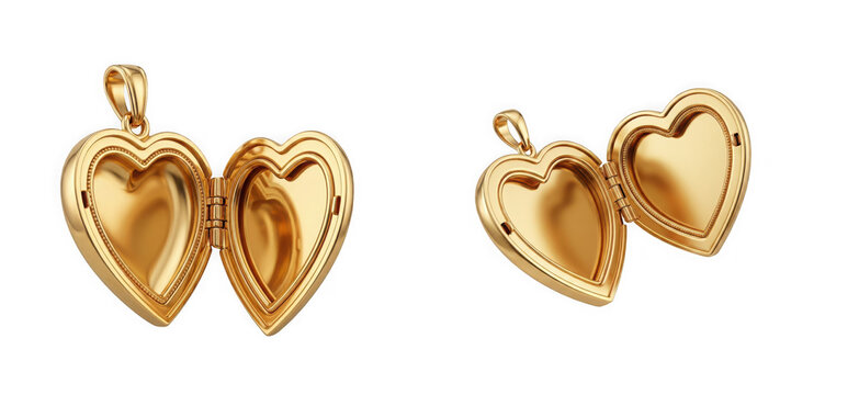 Two open gold heartshaped lockets isolated on transparent background