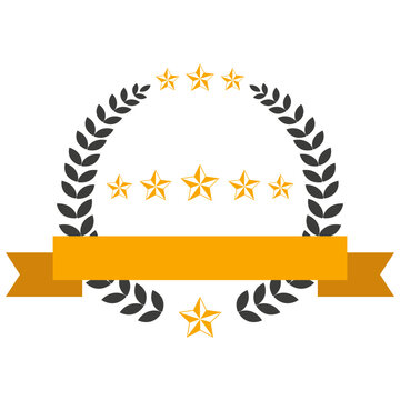 Illustration of a five star rating with a yellow banner and a laurel wreath on a white background