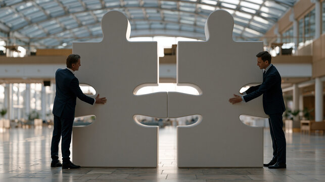 Two corporate executives pushing two giant jigsaw-style building blocks together in a bright atrium lobby, merger metaphor physical concept, formal attire, architectural glass