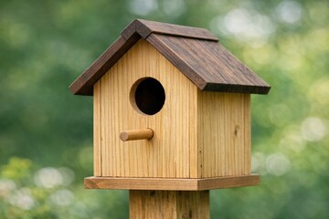 Obraz premium A wooden birdhouse with a small hole in the roof, ideal for wildlife photography or nature-inspired designs