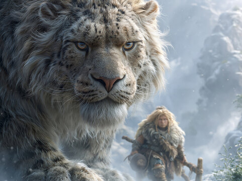 A tiny primitive caveboy wrapped in shaggy animal furs holds a crude stone axe, gazing upward at a towering prehistoric white-furred saber-tooth cat amid misty rocky alpine grassland