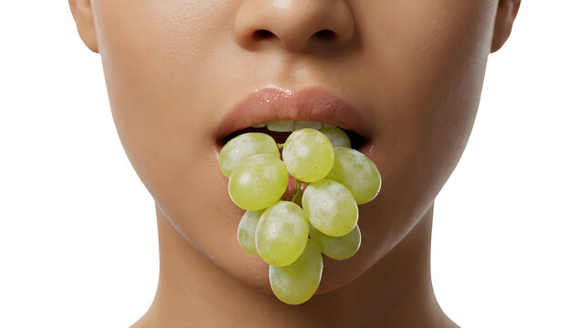 Close-up of a woman's mouth taking a bite out of  juicy grapes