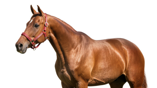 Isolated elegant chestnut horse wearing a red bridle, standing sideways with a calm expression.