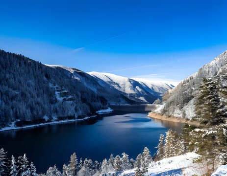 Panoramic winter landscape of a massive concrete dam and reservoir surrounded by snow-covered mountains