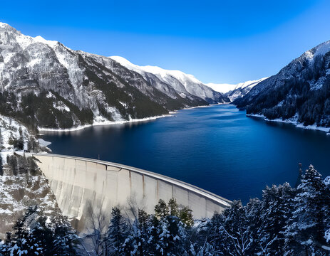 Panoramic winter landscape of a massive concrete dam and reservoir surrounded by snow-covered mountains