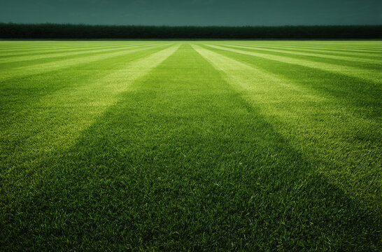 Lush green grass field with alternating light and dark stripes mowed in a pattern under a dark moody sky at a large outdoor sports stadium