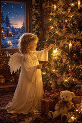 Obraz premium Traditionelles deutsches Christkind schmückt liebevoll den Weihnachtsbaum mit einer goldenen Glocke, umgeben von warmem Kerzenlicht und Geschenken.