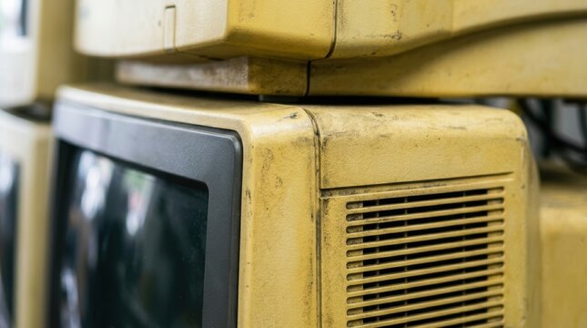 Old yellowed cathode ray tube monitors stacked in a pile. Retro computer technology and outdated electronic waste. E-waste disposal site and environmental pollution concept background.