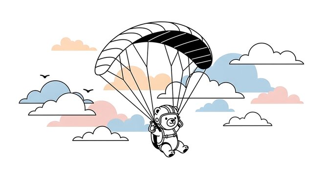 Whimsical illustration of a bear parachuting through a pastel sky with fluffy clouds. Outline-style design