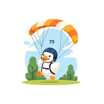 Whimsical illustration of a cartoon duck wearing a helmet and using a parachute, landing joyfully on a grassy landscape with trees