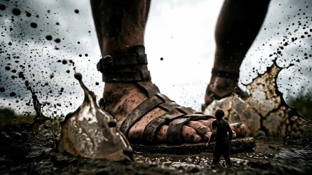 Cinematic Close-up of a Giant Sandal-Clad Foot Stepping into Mud Beside a Tiny Miniature Man, Macro Scale Perspective with Mud Splash and Moody Lighting