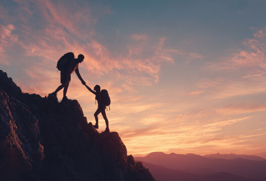 Silhouette of two hikers helping each other climb a steep mountain peak during a vibrant sunset with a colorful orange and purple sky background