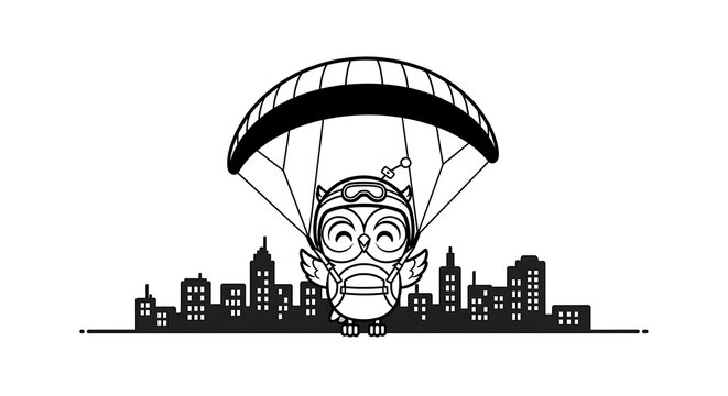 Whimsical illustration of an owl wearing goggles and parachute, soaring above a city skyline, black and white vector design