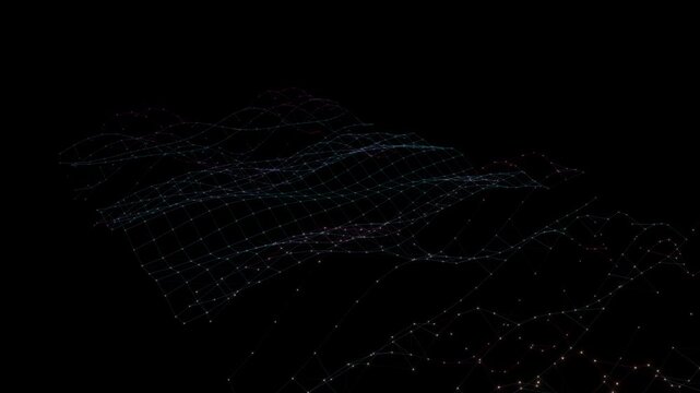 Plexus Waveform Rippling Network Grid Surface in Cyan and Magenta Undulating Audio Equalizer Spectrogram on Black 4K Motion Background for VJ Loops