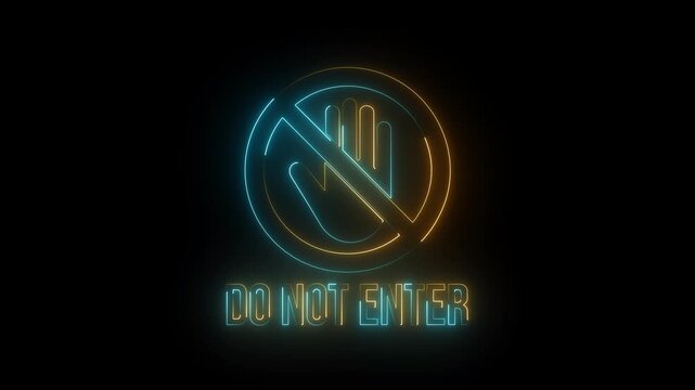 Yellow and blue neon do not enter sign with hand icon glowing on black background for warning stop animation.