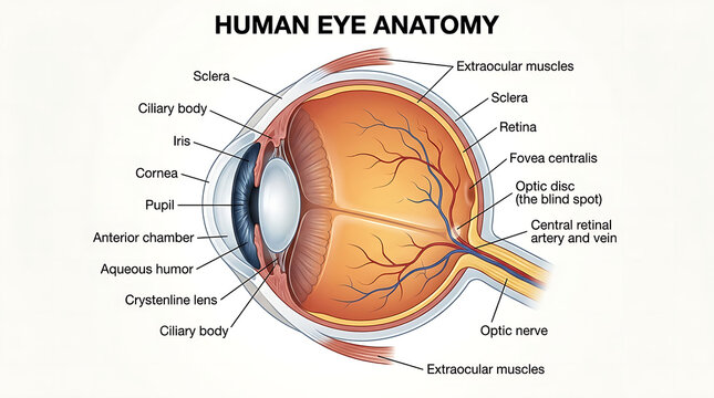 Anatomical diagram of the human eye isolated on white background